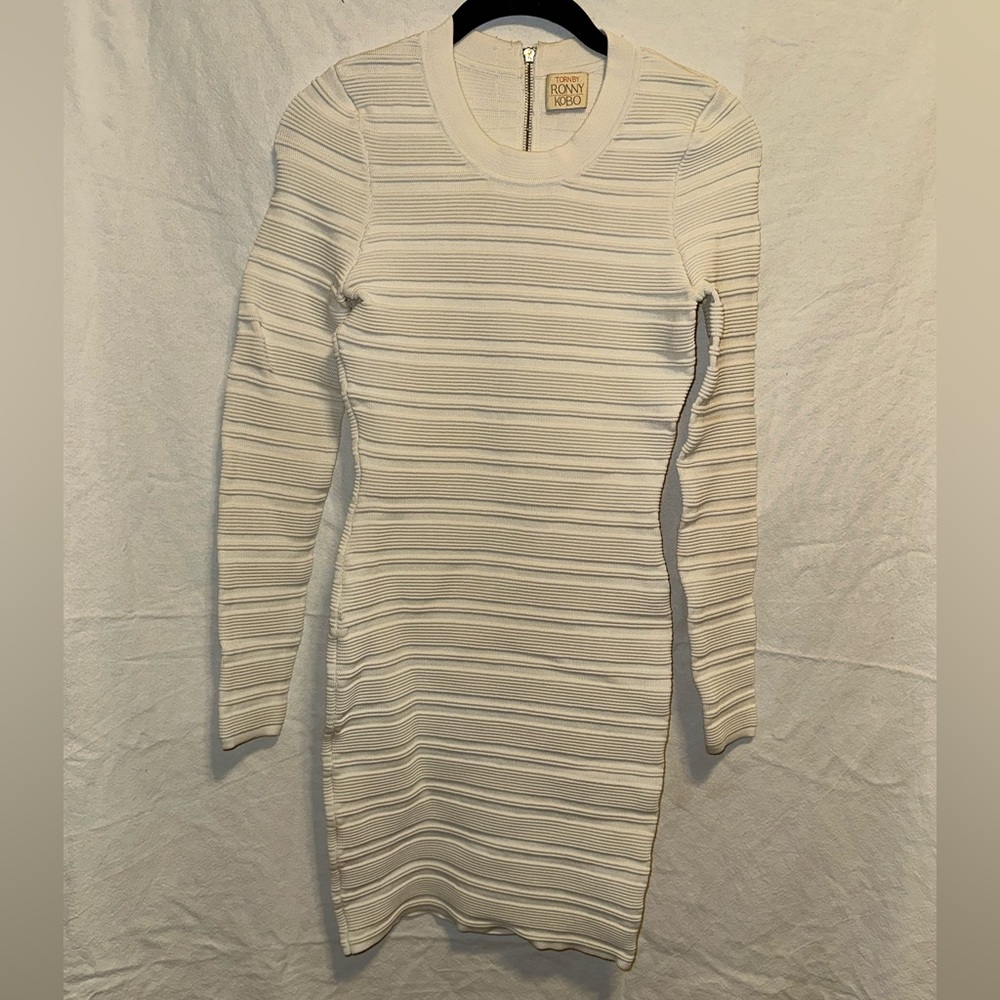 Torn by Ronny Kobo Cream Ribbed Long-Sleeve Bodycon Dress Size M